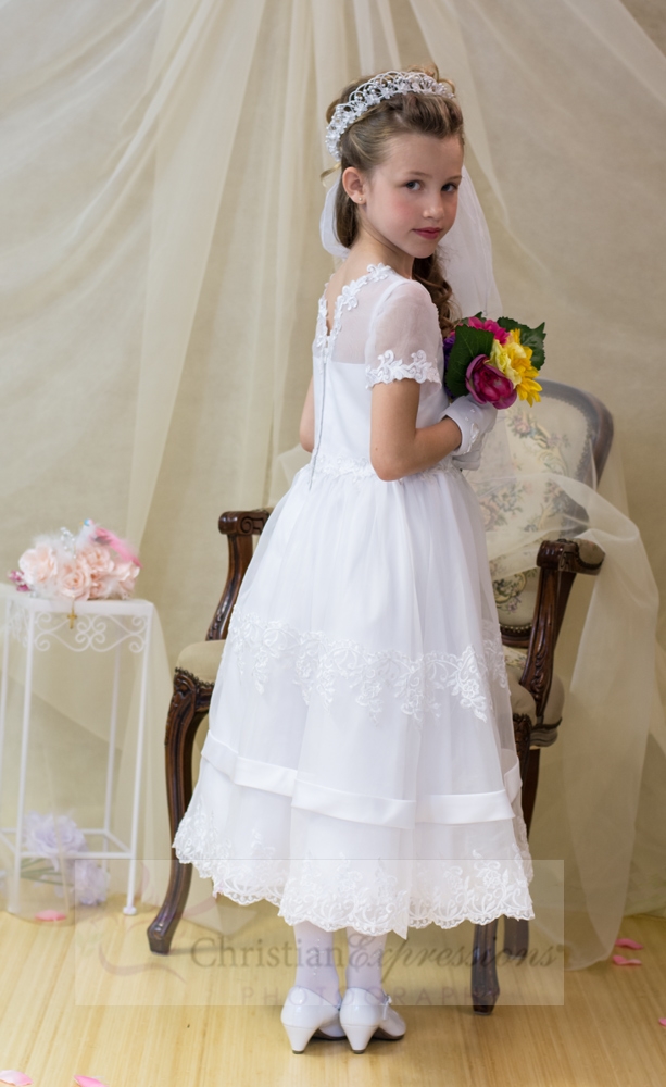 Organza First Communion dress with lace and satin banding