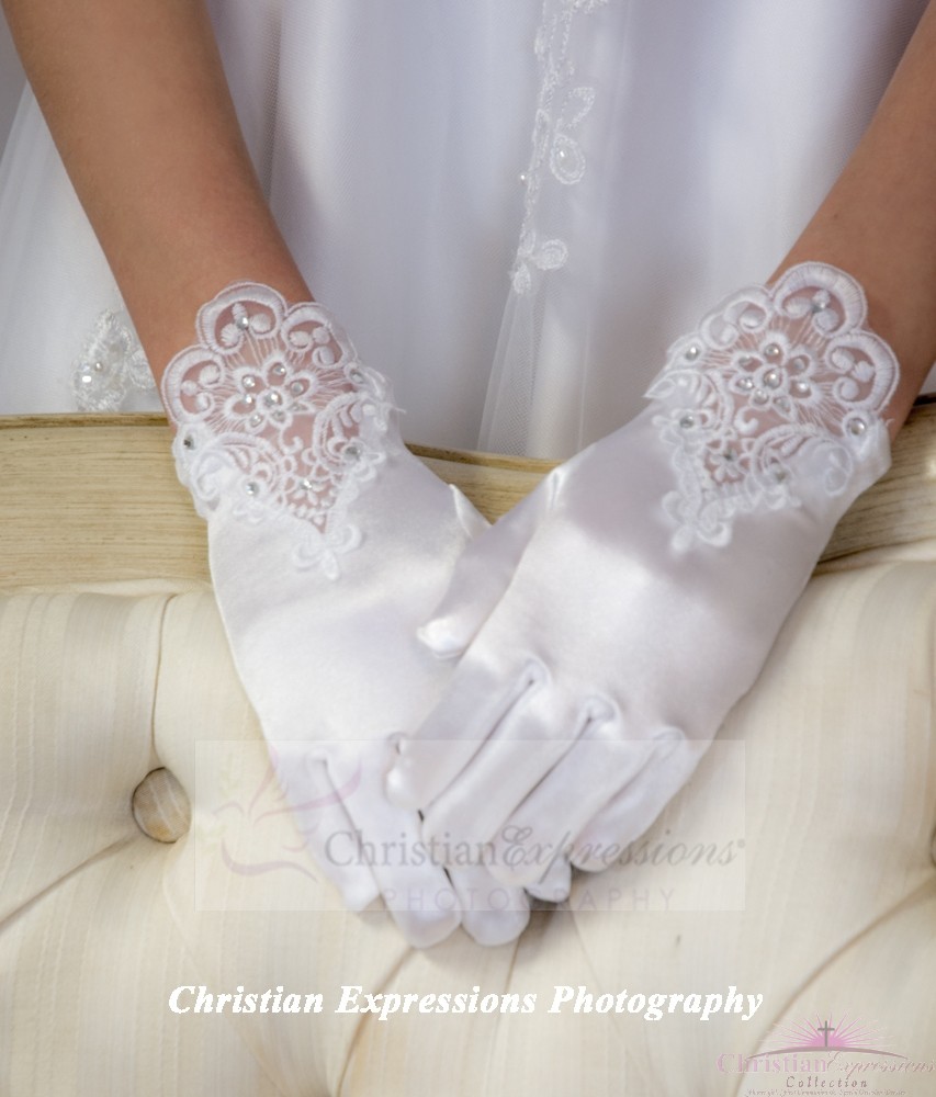Satin and Lace First Communion Gloves 