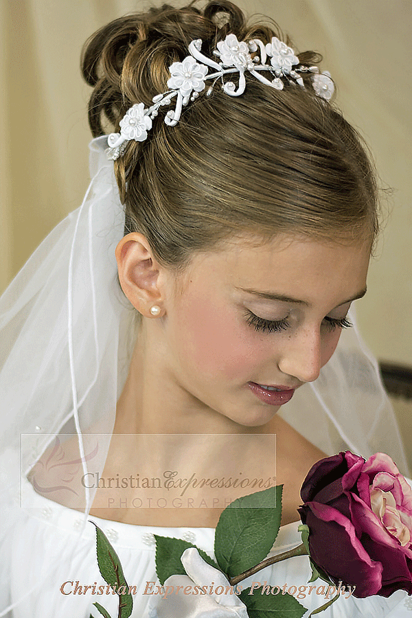 First Communion Wreath Veil with Pearl Flowers - FirstCommunions.com