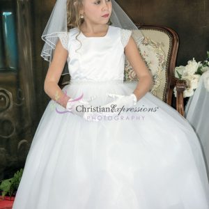 First Communion Dresses with Pearls on Waist and Cap Sleeves