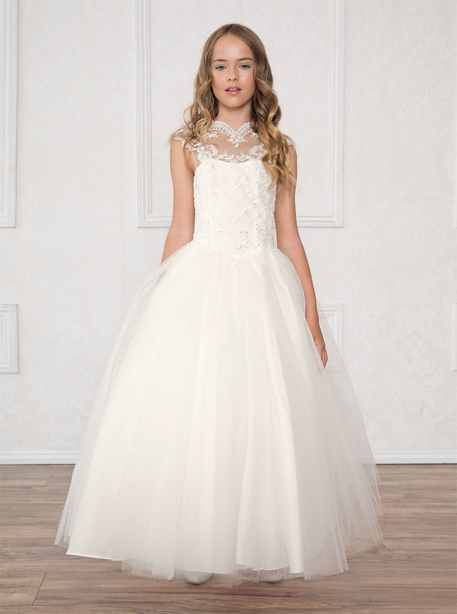 Girls Pageant Dress Tulle with Lace Bodice Scoop Back – FirstCommunions.com