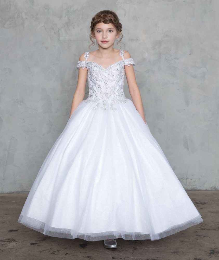 Girls Pageant Gown with Rhinestone Patten Bodice – FirstCommunions.com