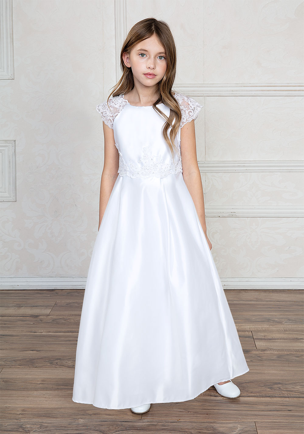 Satin A Line First Communion Dress With Lace Cap Sleeves 