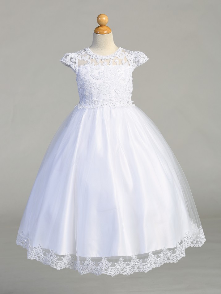 First Communion Dress with Embroidered lace on tulle bodice with beads ...