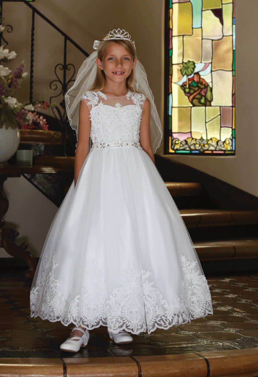 Buy First Communion Gown Satin long train skirt with a lace hem for Sale, Long Length First Holy Communion Dresses